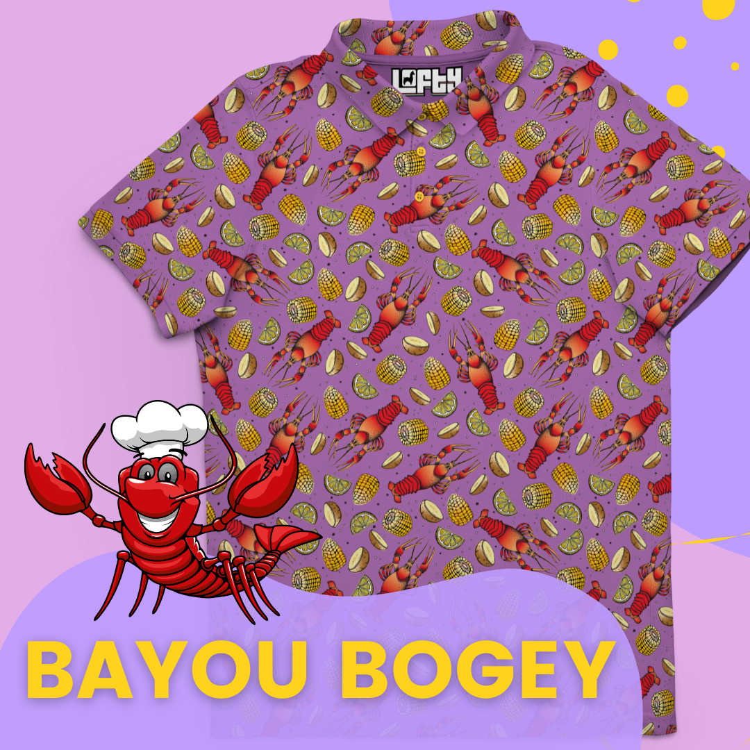 Bayou Bogey Crawfish/Mudbug Boil Golf Polo for Men Lofty Llama Golf