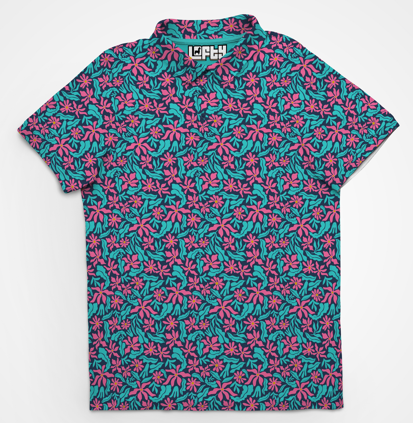 Tropical Thunder floral golf polo for men, front view