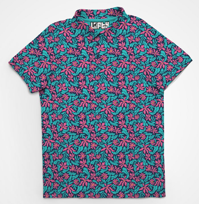 Tropical Thunder floral golf polo for men, front view