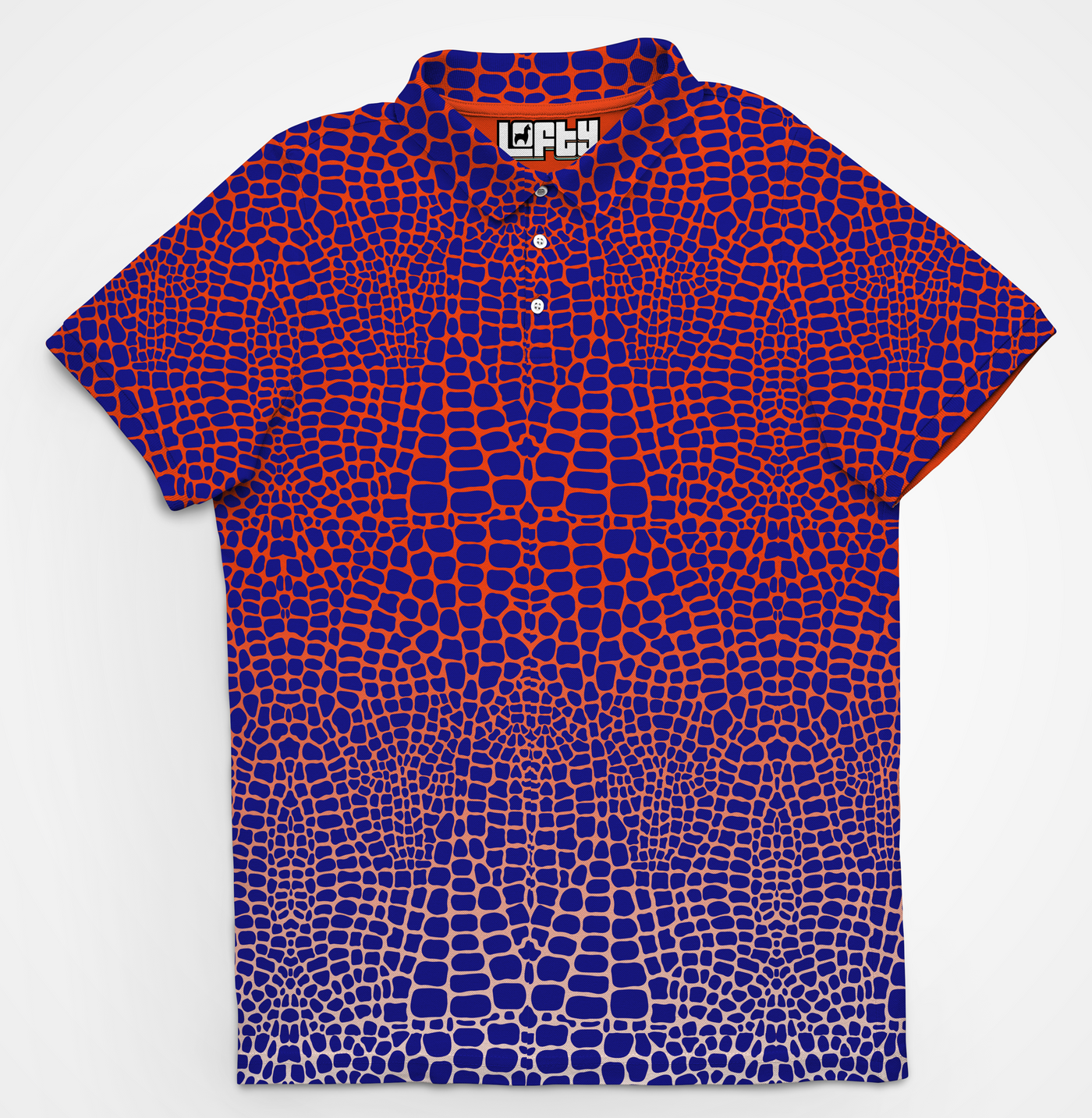 Chubbs blue and orange gator print golf polo for men, front view