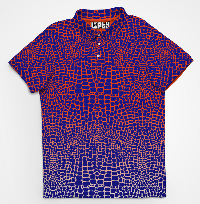 Chubbs blue and orange gator print golf polo for men, front view