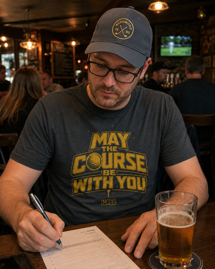 May The Course Be With You Golf T-Shirt funny golf t-shirt front view