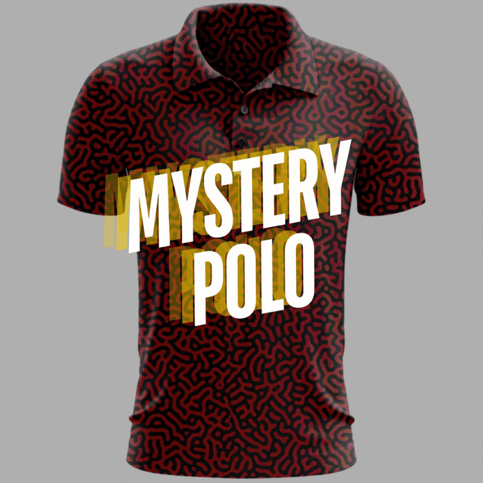 Mystery Golf Polo ” Random Fun Golf Polo men's golf polo front view