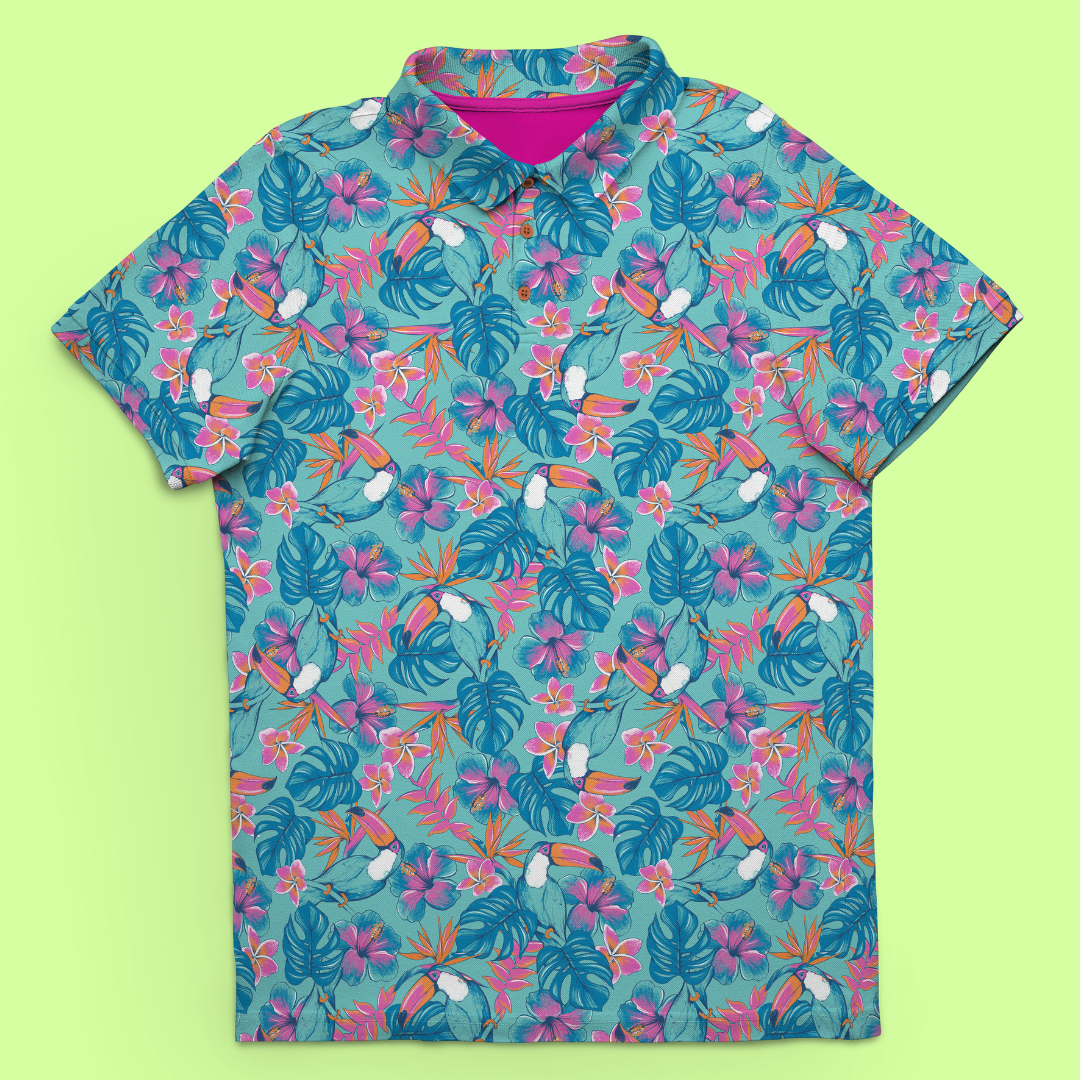 Toucan Do It! men's golf polo front view