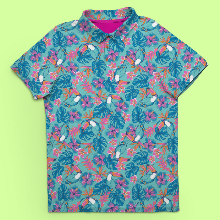Toucan Do It! men's golf polo front view