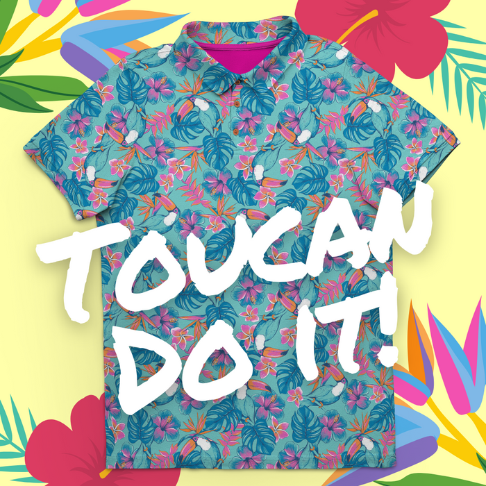 Toucan Do It! men's golf polo detail 2