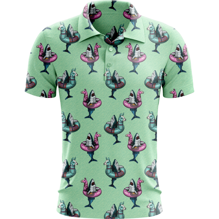 In the Shark Tank men's golf polo front view
