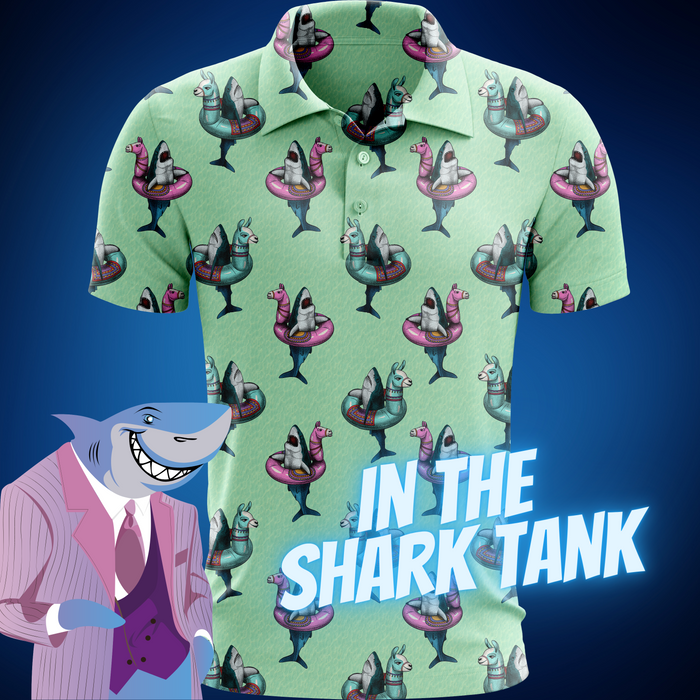 In the Shark Tank men's golf polo detail 2